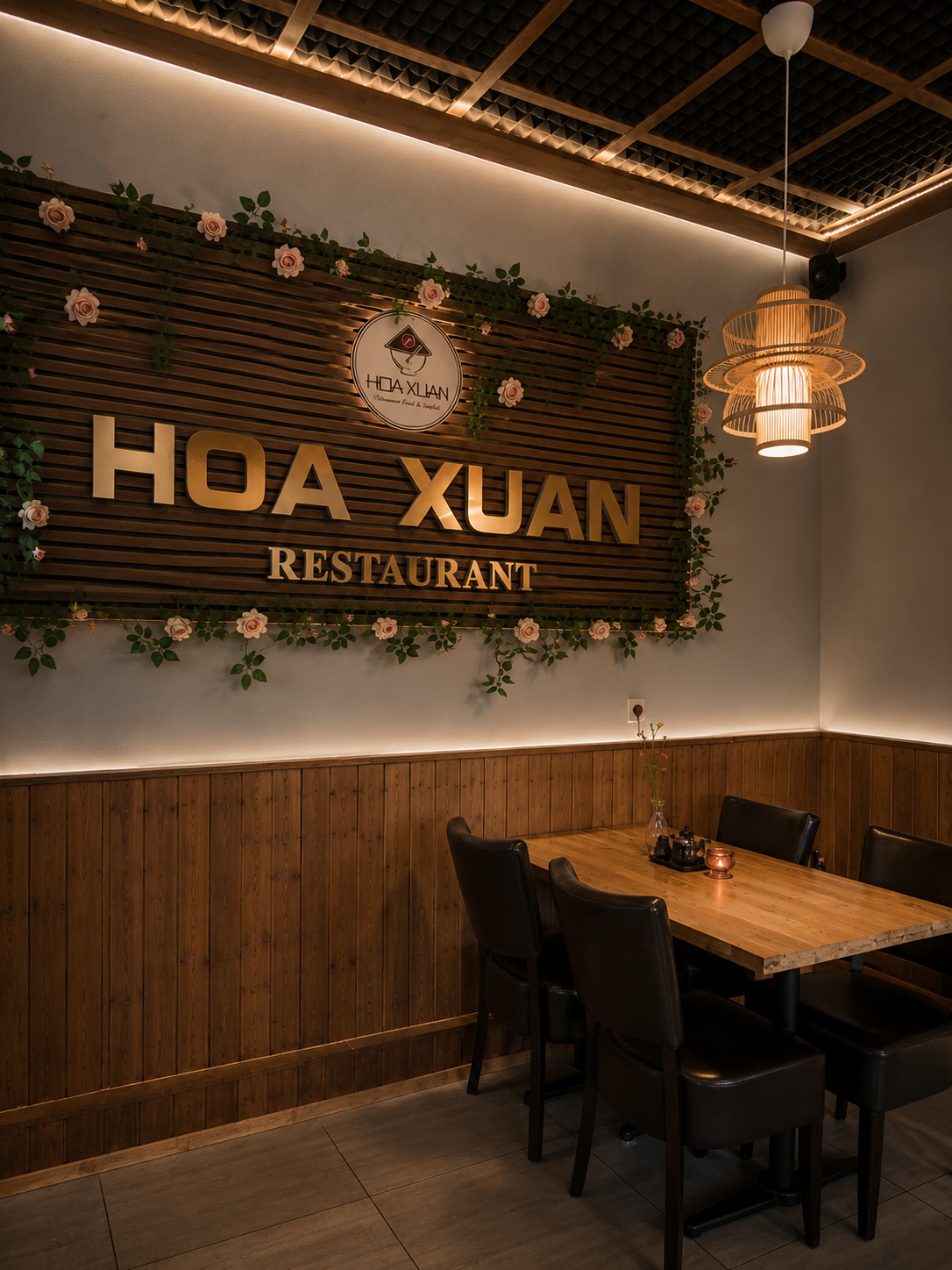 Atmospheric upscale restaurant interior at night with warm glowing lights